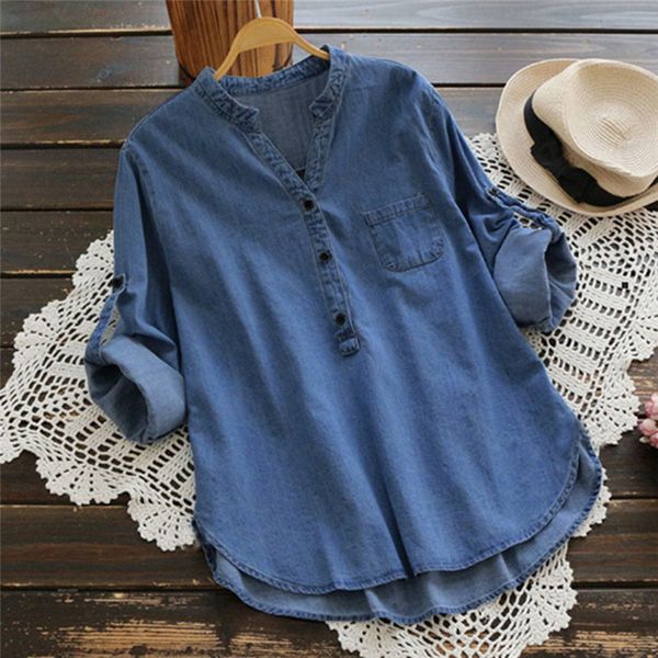 

2019 women work office blouse casual v neck long sleeve baggy denim blue shirts solid loose fashion spring blusas, White