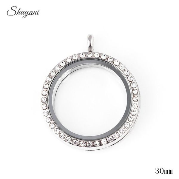 

shuyani (10pcs/lot) 4 colors 30mm floating locket with rhinestone openable magnetic glass locket pendants without chain, Silver