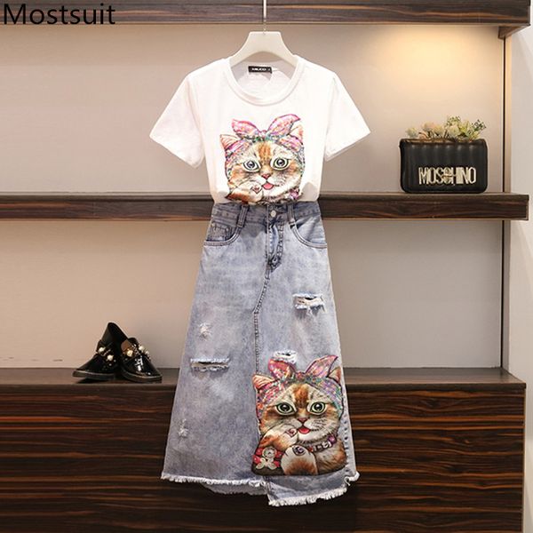 

4xl 2020 summer plus size fashion 2 piece skirt sets women short sleeve cartoon patchwork tshirts + a-line denim skirt suits, White