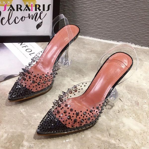 

sarairis cool street slip-on rivet pumps fashion transparent pvc pumps women 2020 trendy high strange heels shoes woman, Black