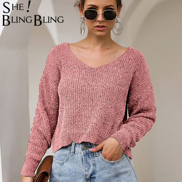 

sheblingbling v neck short sweater women ladies pullovers 2019 autumn winter long sleeve casual loose christmas jumper, White;black