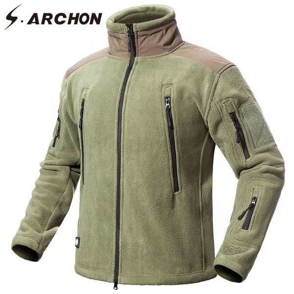 

s.archon hiking warm thicken fleece jacket men casual multi pockets soft thermal army jacket camping tactical coats, Blue;black