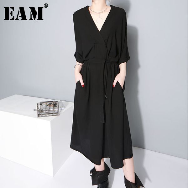 

eam] 2020 new spring summer v-collar half sleeve bandgae loose temperament loose big size chiffon dress women fashion jf733, Black;gray