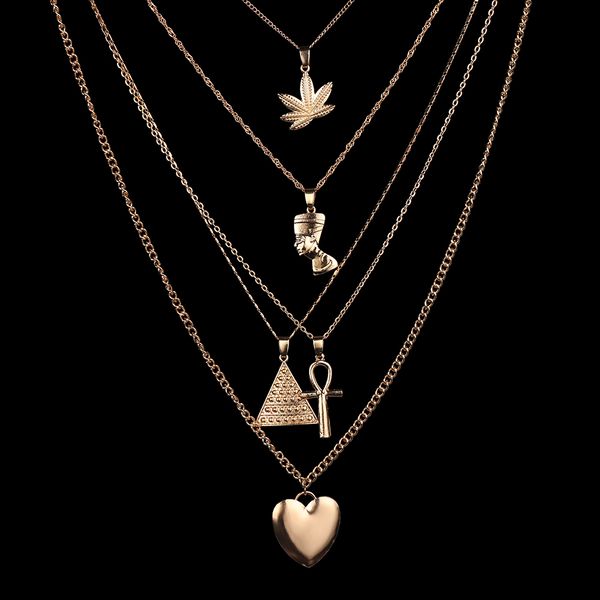 

women fashion peach heart cross triangle leaf portrait pendant multilayer clavicle chain beach punk necklaces jewelry gifts, Silver