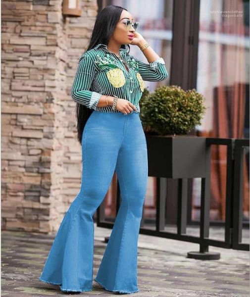 

retro female denim clothing button casual apparel womens wide leg jeans fashion big bell bottom pants, Blue