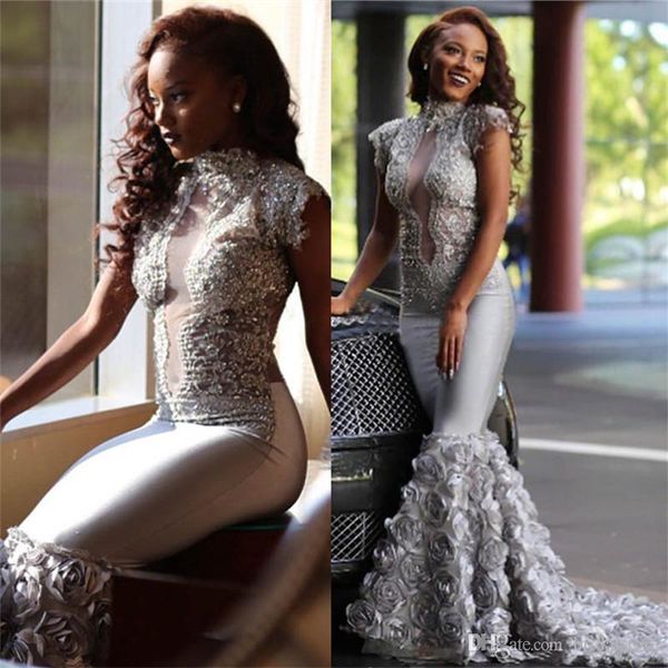 

african silver high neck mermaid prom dresses ruffles rose flower prom gowns robe de bal backless party dresses evening wear for black girls