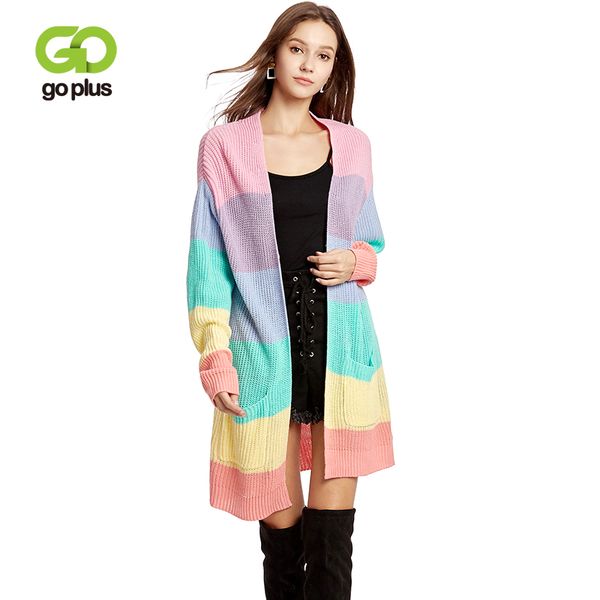 

goplus 2019 rainbow stripes knitted long cardigans women fashion long sleeve sweater ladies casual streetwear becoat female, White