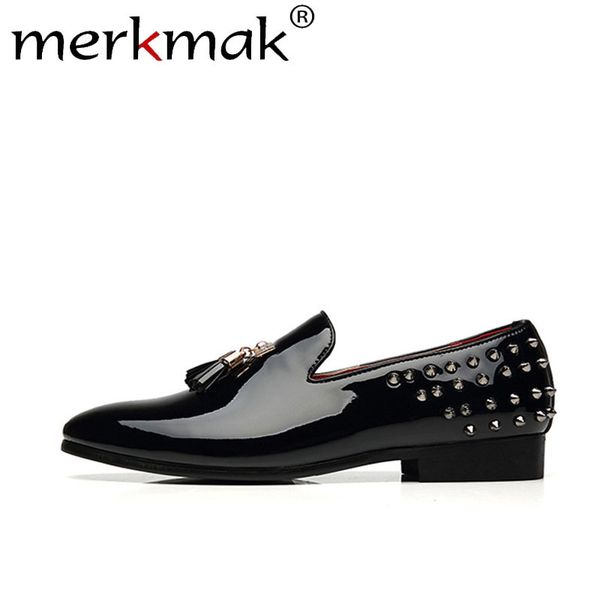 

merkmak spring rivet men loafers shoes fashion personality solid slip on leather shoe man party footwear flats big size 37- 48 cj191217, Black