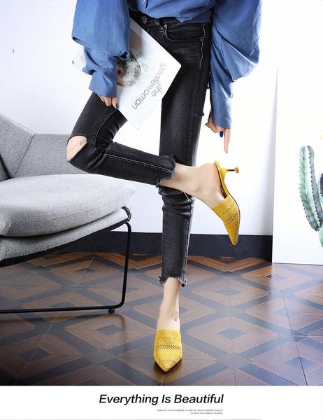 

baotou half slippers outside the korean version of fashion dress test shoes black tip fine lazy high heels cool drag summer