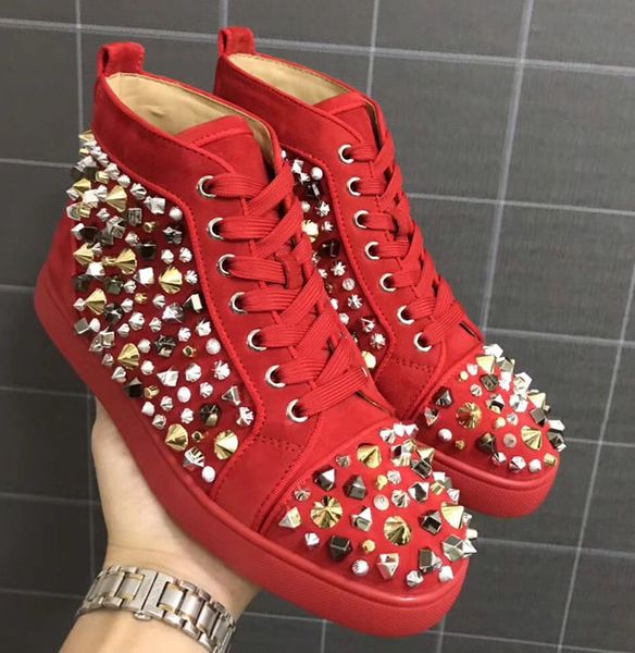 

20 luxury black red suede + mix spikes red bottoms sneakers shoes for men casual women mens, outdoors designer flats shoes with box,dust bag