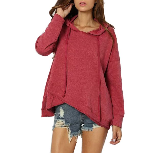 

с drawstring fall soft сыпучие сгущает с капюшоном толстовки женская мода толстовка нерегулярные хем outwear твердая повседневный длинным ру, Black