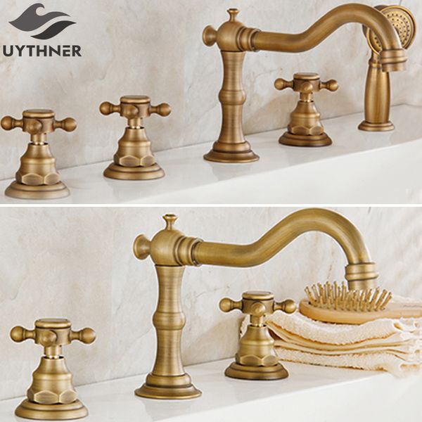 

uythner 3pcs & 5pcs antique brass dual & three handles bathroom bathtub faucet deck mounted and cold water mixer basin tap