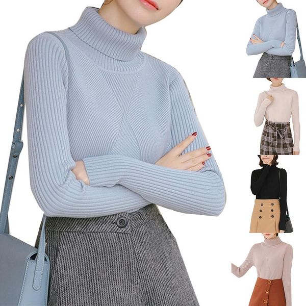 

ladies turtleneck sweater fashion simple pure color wild pullover casual winter warm long sleeve sweater, White;black