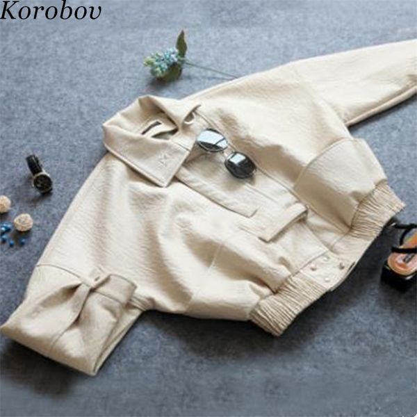 

korobov 2019 korean female jacket turn-down collor pockets short pu coats loose casual lacing streetwear outwear feminina 76695, Black;brown