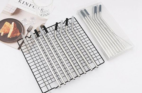 

simple stainless steel straw with silicone cover pvc box curved straight straw with cleaning brush drinking for bar home fa3013