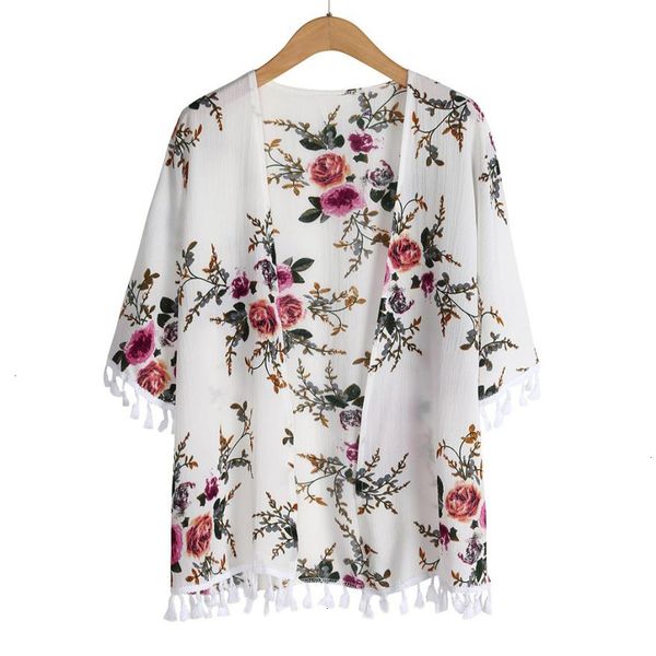 

блуза женщина женская одежда 2019 новое прибытие женщины open front summer ladies beach кимоно цветочные печати кисточкой топы блузы * 1208, White