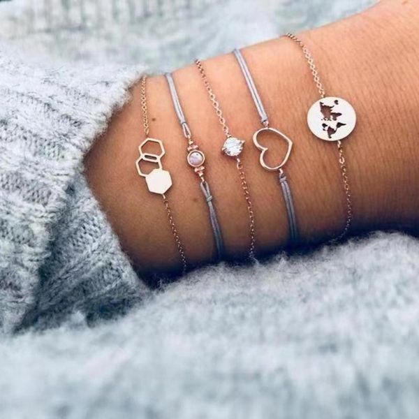 

tisonliz 5pcs/set vintage heart opal crystal bracelets set for women metal geometric bracelet statement jewelry pulseras mujer, Golden;silver