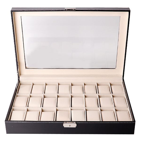 

watch box organizer watch case for men women pu leather 24 slots for display storage holder with glass lockable black, Black;blue