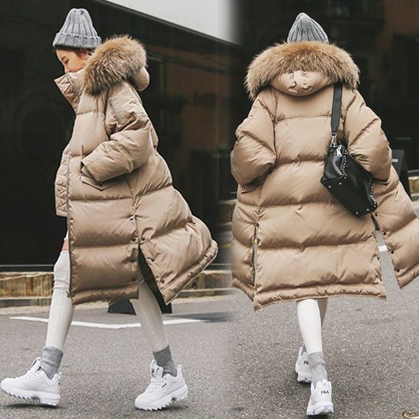 

winter famale thick warm 90% duck down jacket plus size women natural large fur collar hooded parka loose khaki zipper long coat, Black