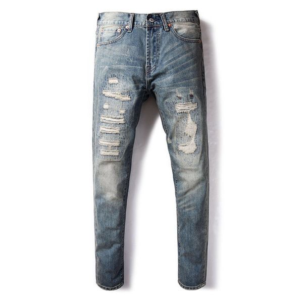 

2019 new trend hole men's jeans nostalgic washed micro-elastic slim small straight embroidery patch men's trousers size 29-38, Blue