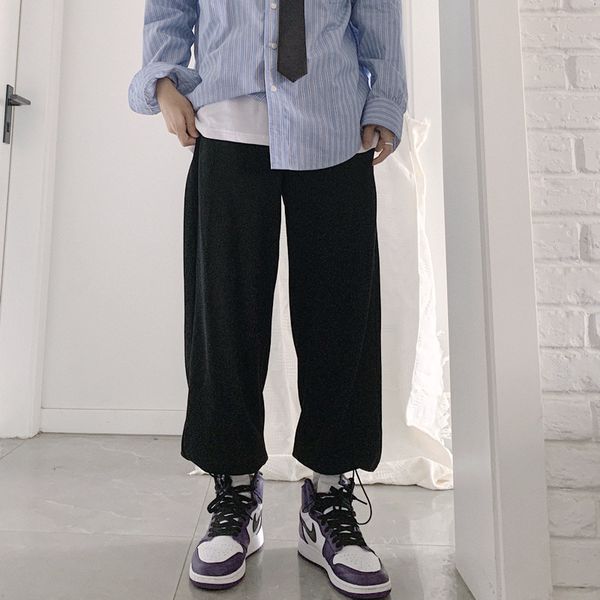 

couple casual trousers summer simple solid beam foot street wear harem pants loose wide legs nine points pants dragon jogger, Black