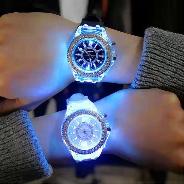

2019 led flash luminous watch personality trends students lovers jellies woman men's watches 7 color light wristwatch gifts, Slivery;brown