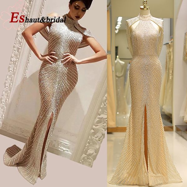 

2019 in stock yousef aljasmi front slit champagne evening dresses luxury crystal mermaid prom dresses high neck vestidos, White;black
