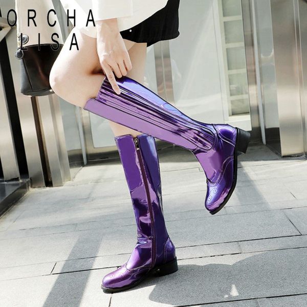 

orcha lisa 2020 new brogue shoes pattent leather knee high boots candy color yellow purple black winter shoes cosplay footwear