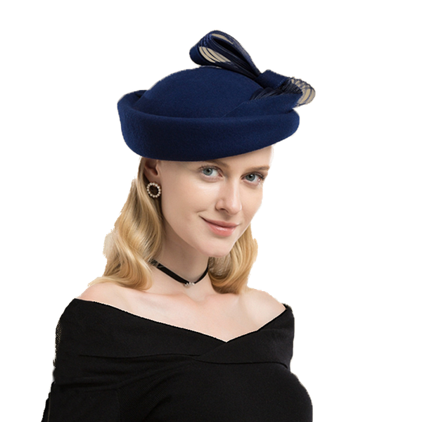

black wool wedding hat fascinator cocktail hats for women elegant blue red winter fedora bow ladies formal pillbox cap, Blue;gray