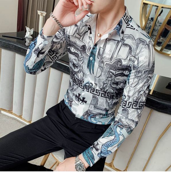 

2020 brand new slim men shirt retro colour 3d floral printing fashion casual dress men shirts mens medusa shirts, White;black