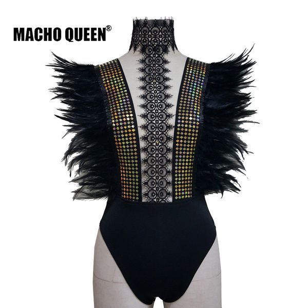 

holographic festival burning man feather bodysuit clothes outfits wear women black lace chocker bodysuit party rave costumes, Black;red