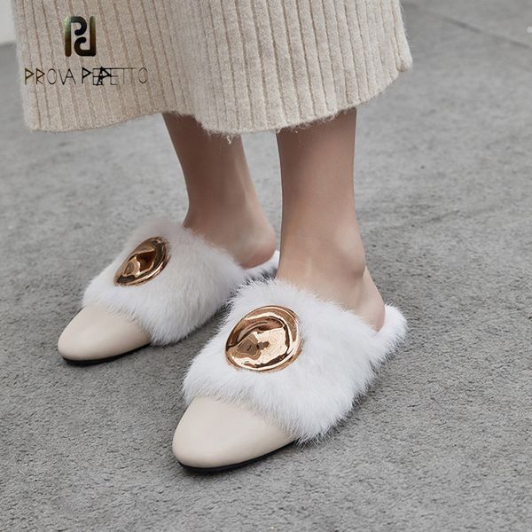 

prova perfetto genuine leather with fur women slipper metal decor flat heel casual shoes slip on mule shoe plush outside slipper, Black