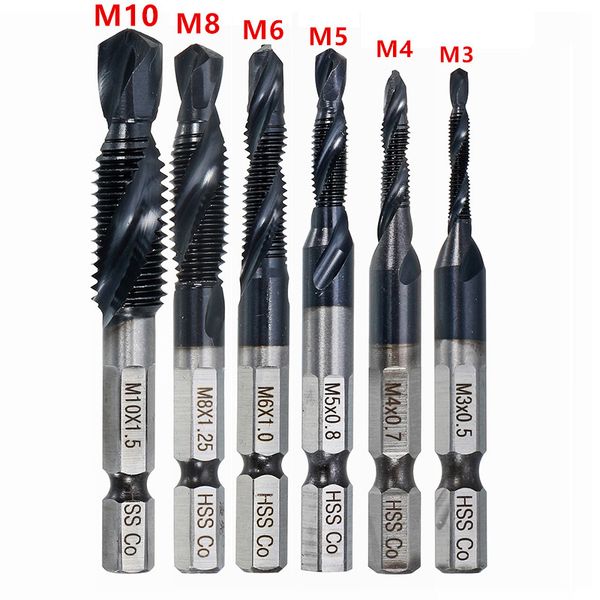 

новый hrc89 m3-m10 комбинированного drill tap bit set hss-co tialn покрытие 1/4" шестигранный хвостовик 118 ° bit дизайн заусенцы зенковка b