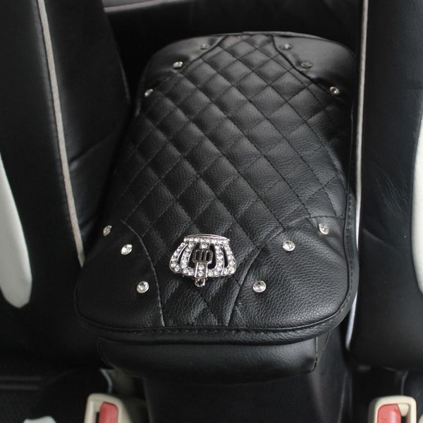 

crown with crystal rhinestone car armrests cover pad pu leather vehicle center console arm rest box cushion covers protector