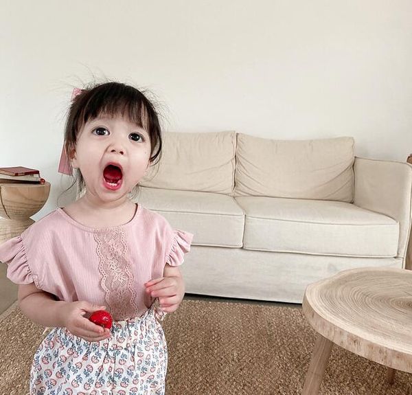 

2020 new girls t-shirt summer cotton lace fashion girls 1-7 t hv188, Blue