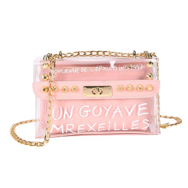 

2020summer мода новая сумочка высокое качество пвх прозрачный женская сумка сладкий печатный письмо квадратный телефон сумка цепи плечо