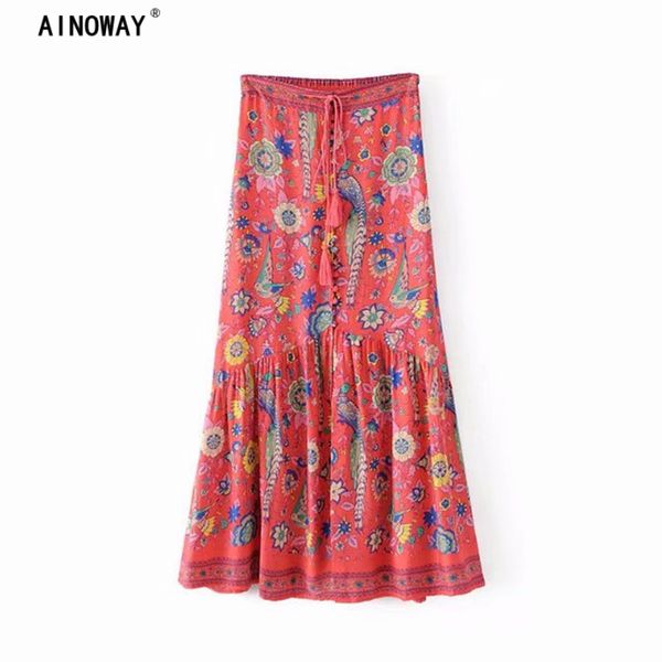 

vintage chic summer hippie women floral peacock print beach bohemian maxi skirts ladies drawstring elastic waist boho skirts, Black
