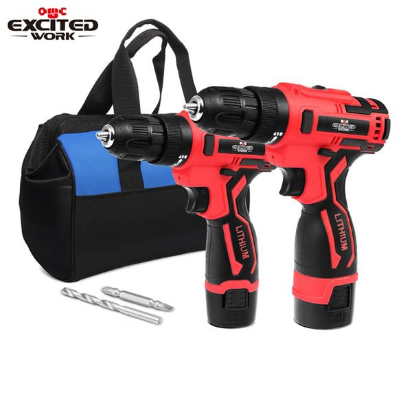 

excitedwork 12v 16.8v electric drill cordless screwdriver 3/8-inch mini wireless power driver 2 speed tools set with drill bit