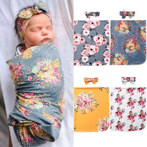 

2pcs newborn baby floral snuggle swaddling wrap blanket sleeping bag swaddle headband set