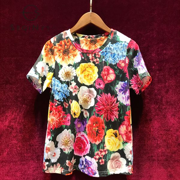 

seqinyy fashion women 2019 summer new design crystal beading colorful flowers printed elastic cotton t shirt, White