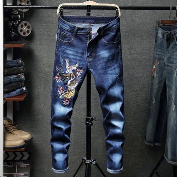 

new jeans, men's designer jeans slim cut, small feet, slim embroidery, stickers, korean fashion beggars' pants, Blue