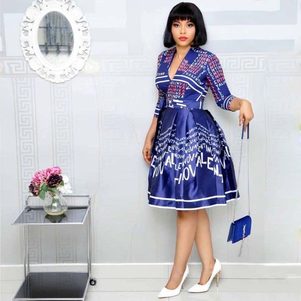 

african clothes letter printed dress women vintage deep v-neck a-line belt maxi high waist dress office lady bazin dashiki, Red