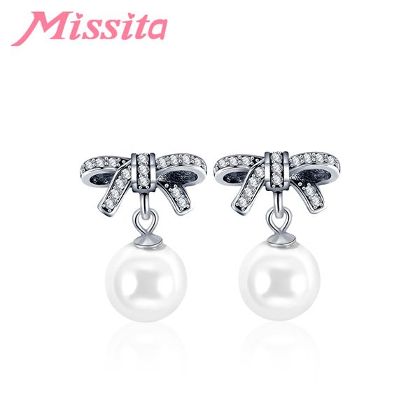 

missita 100% 925 sterling silver bowknot pearl earrings for women silver jewelry brand wedding stud earrings sell gift, Golden;silver