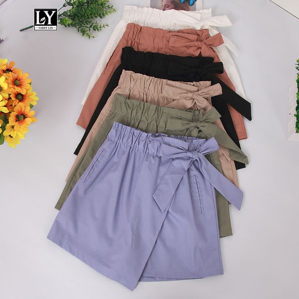 

ly varey lin women summer shorts high wais bow lace up elastic waist shorts skirts female casual wide leg short pants, White;black