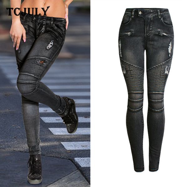 

tcjuly 2020 pleated locomotive skinny jeans woman bleachd washed push up denim pencil pants streetwear slim stretchy black jeans, Blue