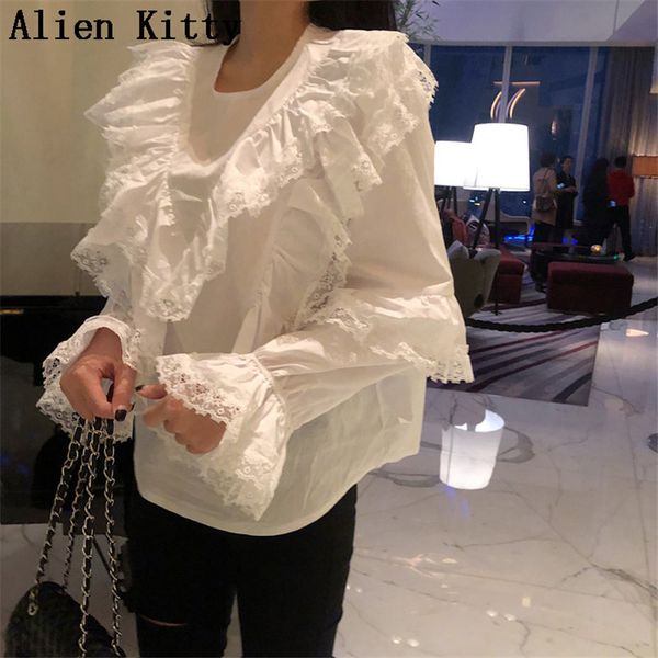 

alien kitty korea lace simple sweet flare sleeves o-neck elegant ruffles slim texture casual fashion solid slim white shirt