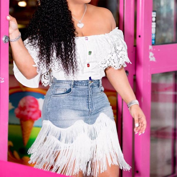 

high waist tassels spliced denim skirts women bodycon skirts knee-length streetwear 2020 summer chic female button skirt, Black
