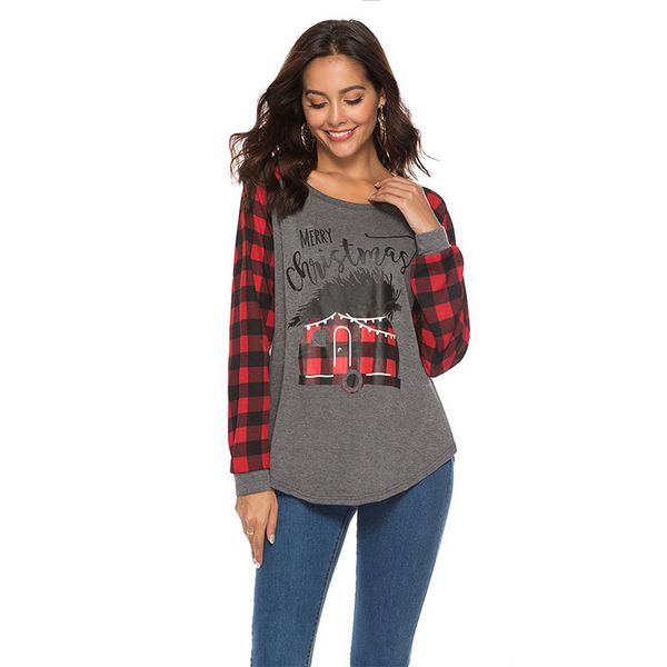 

blusas women christmas t-shirt long shirts letter print scotland patchwork sleeve merry tees casual o-neck blouses plaid ljja3013 hgsl, Black