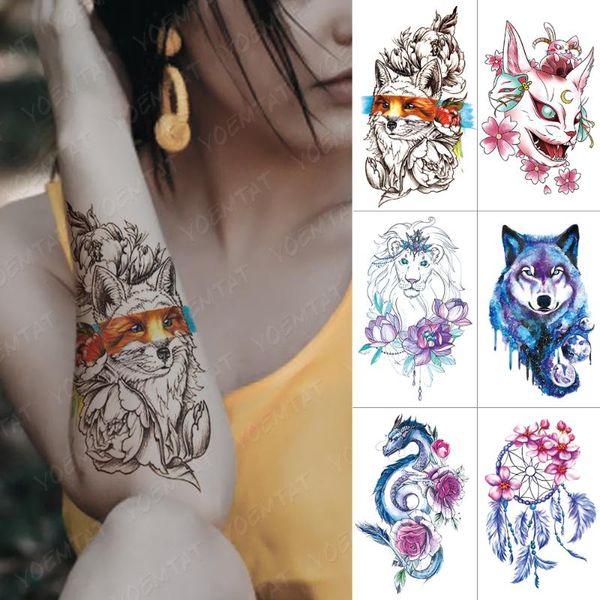 

waterproof temporary tattoo sticker lion cat wolf dragon flash tattoos dream catcher rose body art arm fake tatoo women men
