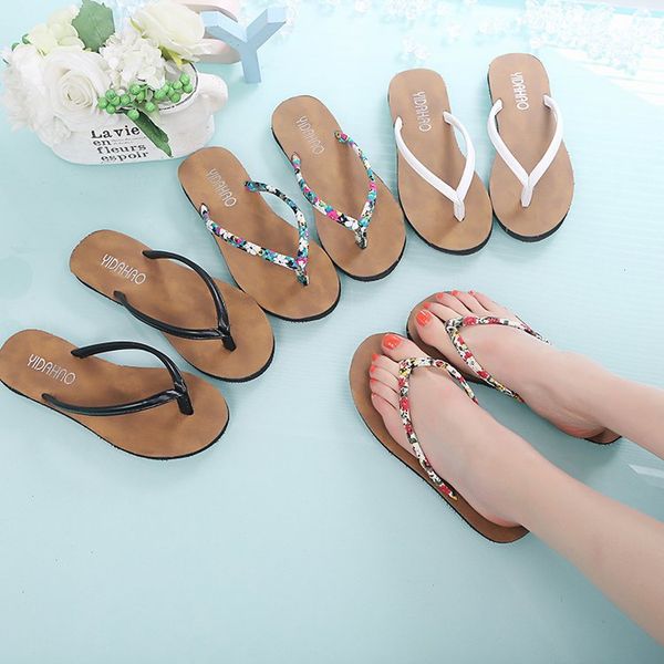 

2019 summer women's shoes slippers outside flat printing casual sweet beach slippers flip flops open toe zapatos de mujer, Black